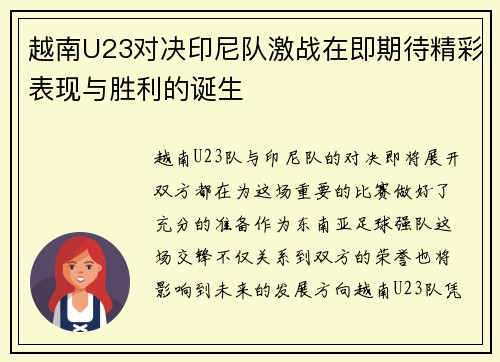 越南U23对决印尼队激战在即期待精彩表现与胜利的诞生