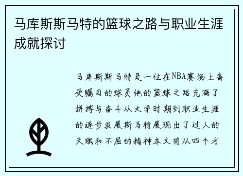 马库斯斯马特的篮球之路与职业生涯成就探讨